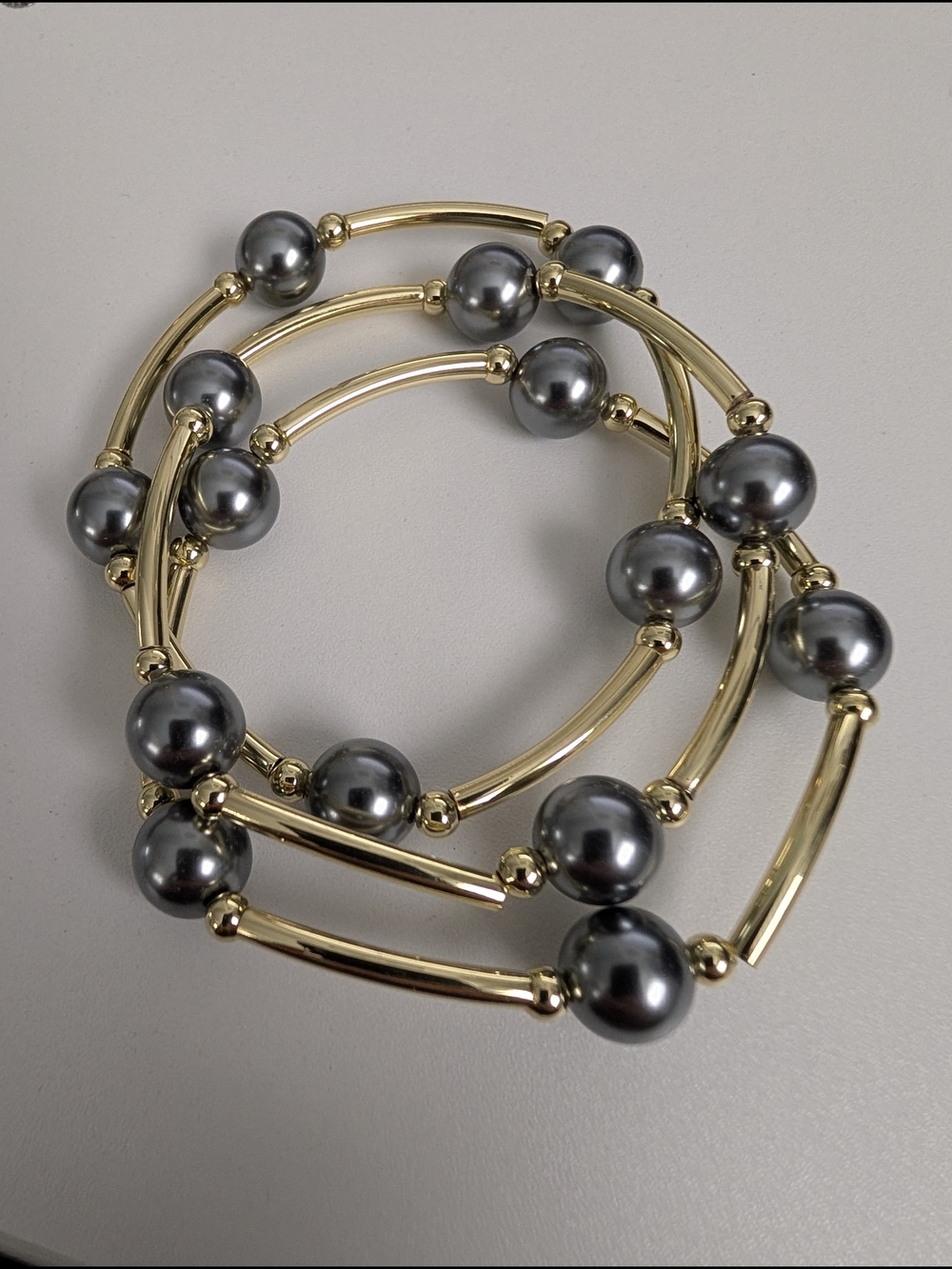 Gold Tone Bracelet Set with Gray Pearl Beads